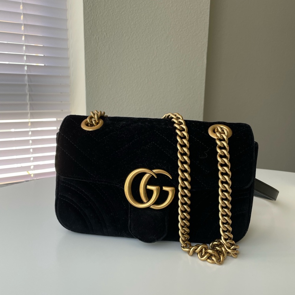 **SOLD**Gucci Velvet Matelasse Mini GG Marmont Shoulder Crossbody Bag Black